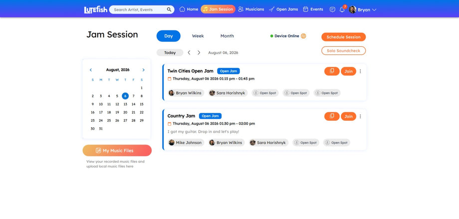 Open Jams booking screen